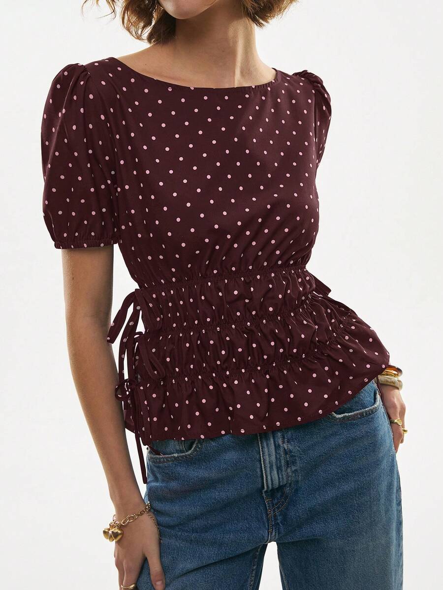 Poéselle 女士休闲束腰侧系带波点圆领短袖上衣，夏季 - 咖啡棕 - 查看 1