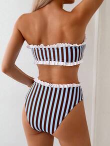 SHEIN Swim Spring/Summer Beach Vacation Striped Print 2 Pieces Set, Ruched Neckline & Hem, Ruffled Waistband - Multicolor - View 2