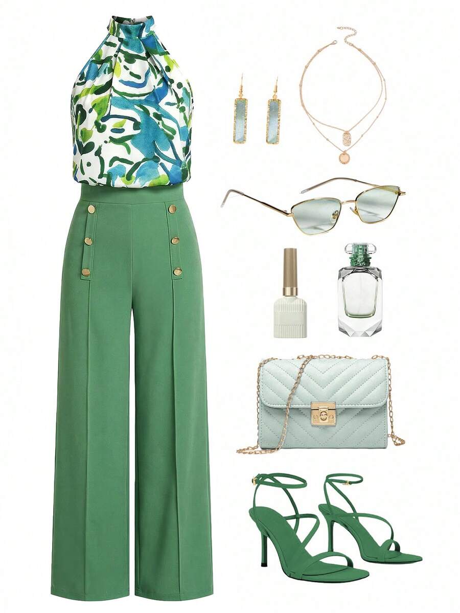 Ellevyn 彩色露背上衣和阔腿裤套装，夏季装扮 - 綠色 - 查看 1