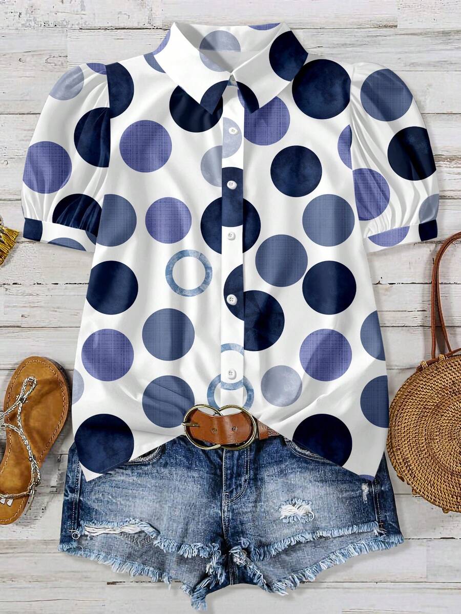 EMERY ROSE Casual Minimalist Blue Polka Dot Allover Print Plus Size Shirt - Multicolor - View 1