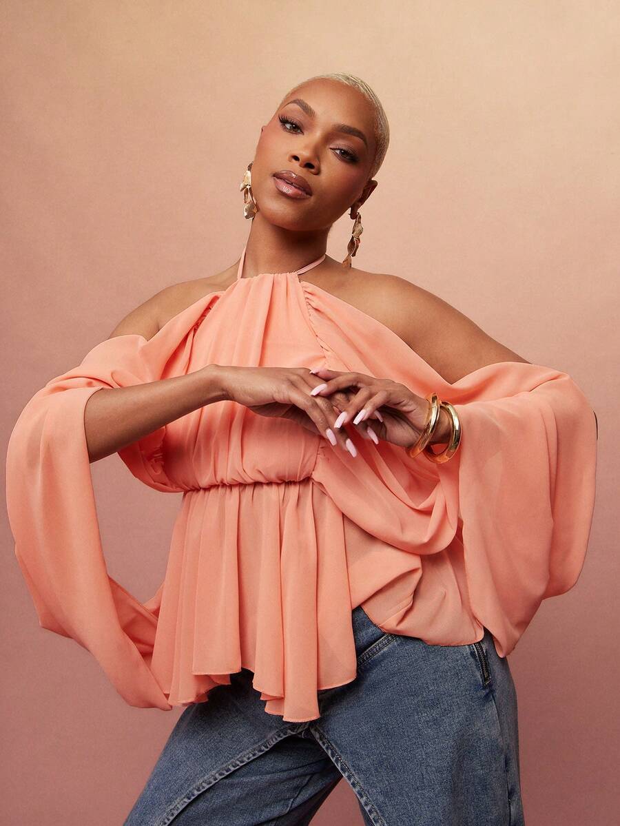 Vixey 热带花卉印花露肩飘逸吊带荷叶边上衣，女士夏季穿搭，女士夏季服装，可爱夏季上衣，女士沙滩装，沙滩度假装 - 橘色 - 查看 1