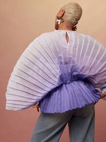 Vixey 薄纱高领长袖荷叶边下摆褶裥纹理欧根纱上衣 - 彩色 - 查看 2