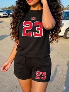 Conjunto de short y playera cuello redondo,con estampado - Negro - Ver 1