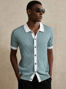 Manfinity Homme 男士休闲日常撞色滚边纽扣针织 Polo 衫 - 彩色 - 查看 5