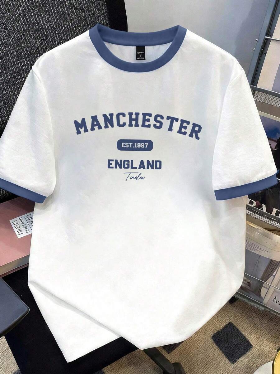 Manfinity Joysei 男士字母标语撞色滚边短袖T恤，休闲时尚 - 白色 - 查看 1