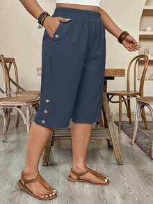 Weeklong Pantalones cortos casuales de talla grande con cintura elástica, bolsillos laterales y decoración con remaches - Neblina azul - Ver 5