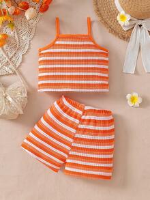 SHEIN 女婴夏季橙白条纹吊带背心和短裤套装，花卉肩带装饰，适合日常外出、休闲旅行、家庭聚会、夏季漫步 - 橘色 - 查看 2