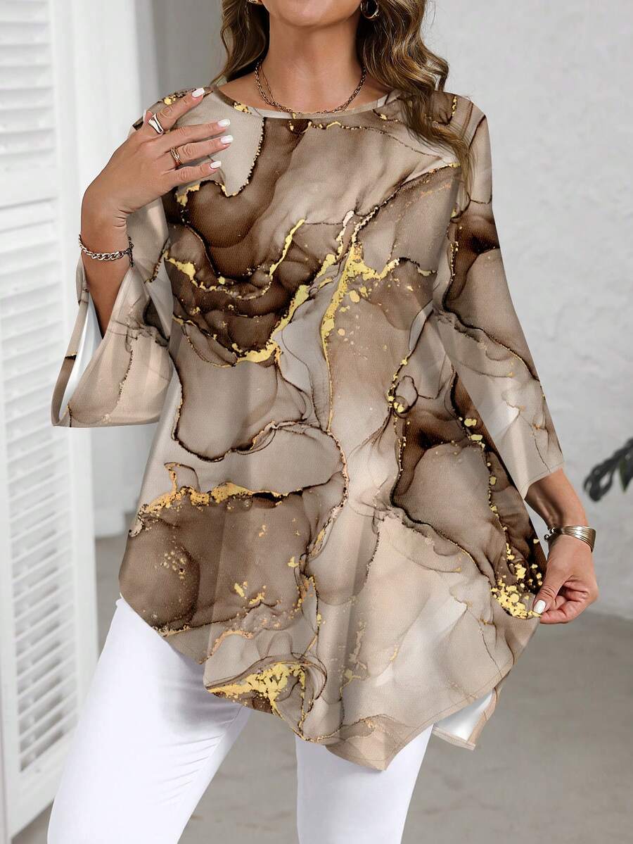 EMERY ROSE Áo sơ mi dài tay cổ tròn tay dài cỡ lớn, kiểu dáng thường ngày, họa tiết vân đá cẩm thạch, thích hợp cho mùa xuân và mùa thu. - Nhiều màu - Xem 1