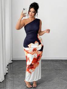 SHEIN PETITE CURVE Vestido estampado sin mangas de talla grande con hombro asimétrico - Azul Marino - Ver 6