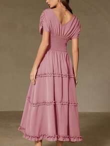 Aveloria Rosie Vestido morado con textura, mangas cortas de hombros caídos, cintura fruncida, falda acampanada con volantes en el bajo, elegante y romántico, versátil para vacaciones para mujeres - Rosa - Ver 2