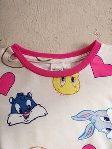 LOONEY TUNES X SHEIN Young Girl Casual Cute Cartoon Print Round Neck Short Sleeve T-Shirt And Shorts Set, Summer - Multicolor - View 3