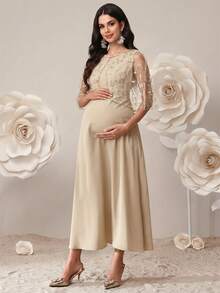 SHEIN 2pcs Maternity Elegant Dress & Embroidered Mesh Jacket Set - Apricot - View 4