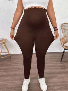 Plussiva 孕妇加大码纯色高弹力可调节腰围裤 - 棕色 - 查看 4