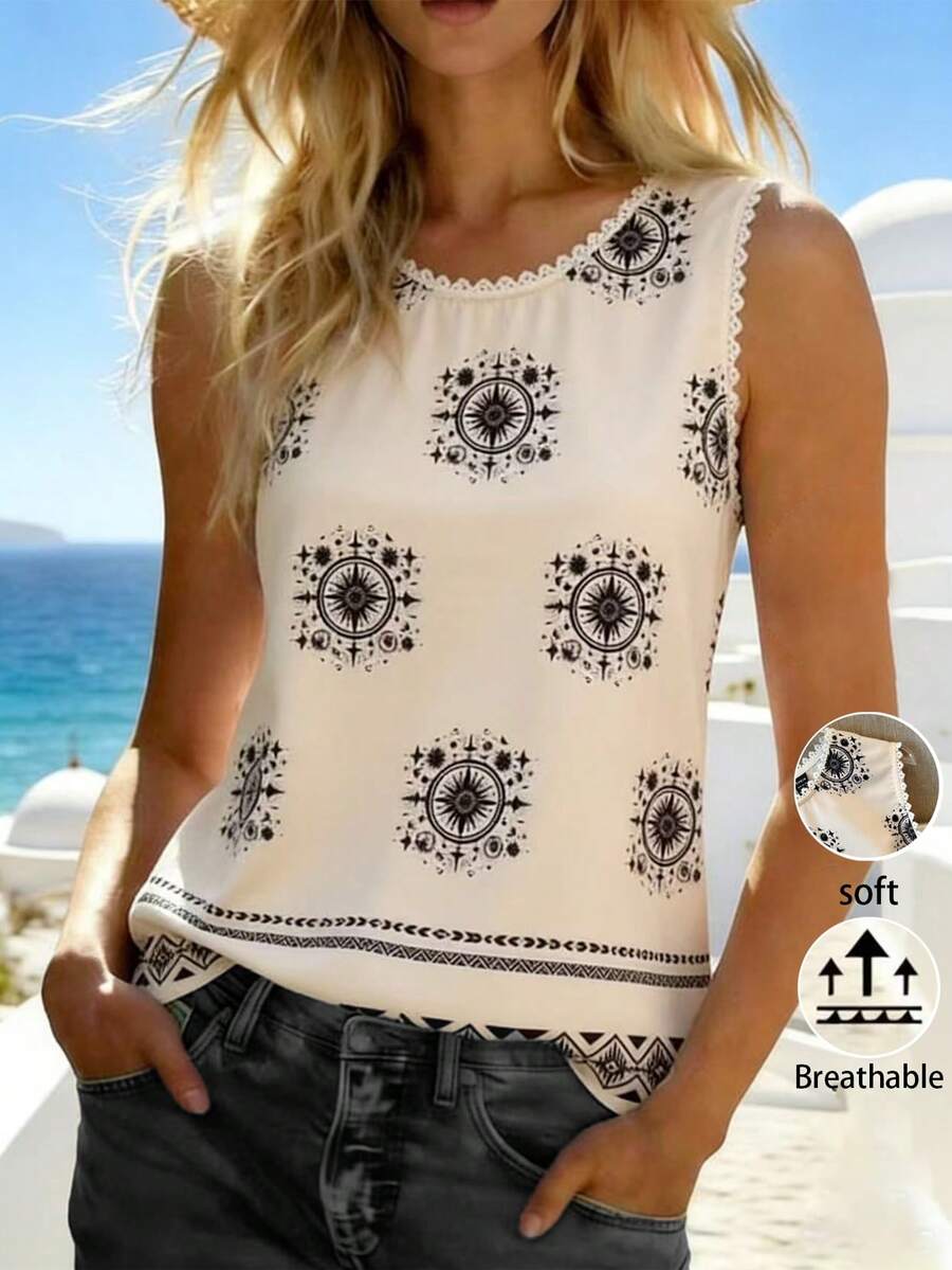 Louniche Blusa sin mangas con volantes y estampado de textura de bambú para mujer - Blanco - Ver 1