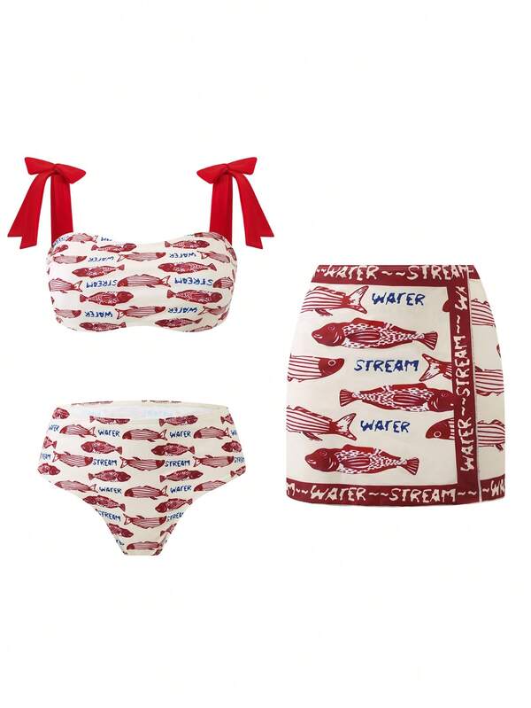 Swim Oasis 3pcs Women's Summer Swimsuit Set, Sardine Print Bandeau Top With Tie, Matching Skirt, Beach Vacation Outfit