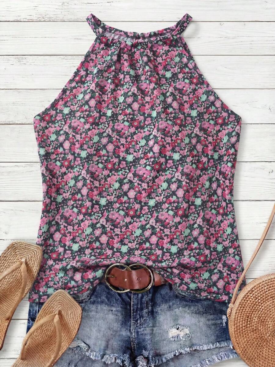 Rusticease 女士休闲碎花露背蝴蝶结吊带背心 - 紫色 - 查看 1