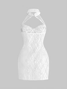 ROMWE Kawaii Sweet & Sexy New Chinese Style Spaghetti Strap Backless High Slit Dress With Thong Lingerie Set - White - View 2