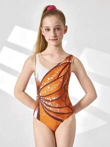 Maillot sin mangas estampado y elástico para niñas preadolescentes, multicolor, adecuado para gimnasia, competiciones deportivas, entrenamiento diario, estampado vibrante, ropa deportiva cómoda - Multicolor - Ver 5