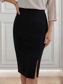 Miaspire Women Minimalist Solid Color Slit Pencil Skirt - Black - View 1