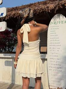 Muchica 杏色V领露背连衣裙，适合度假穿着。 - 杏色 - 查看 2