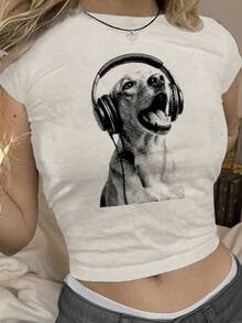 少女紧身短袖休闲狗狗动物印花圆领露脐针织上衣T恤 - 玫紅色 - 查看 1