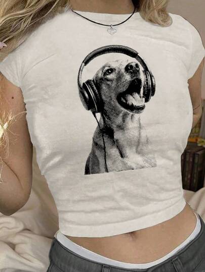 少女紧身短袖休闲狗狗动物印花圆领露脐针织上衣T恤