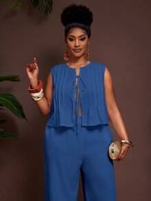 Veslaya 大码女式纯色系带上衣和阔腿裤休闲日常套装 - 霧霾藍 - 查看 5