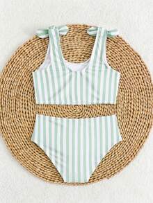 女童比基尼套装泳衣分体两件式无袖三角裤款式紫色条纹印花涤纶面料可爱两件式女童泳衣，适合海边、泳池、露营 - 綠色 - 查看 2