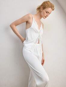 Ocili 2 piezas Conjunto de pijama de estilo bohemio con top de tirantes de cuello en V con lazo y pantalones, pijama cómodo para mujer - Blanco - Ver 5