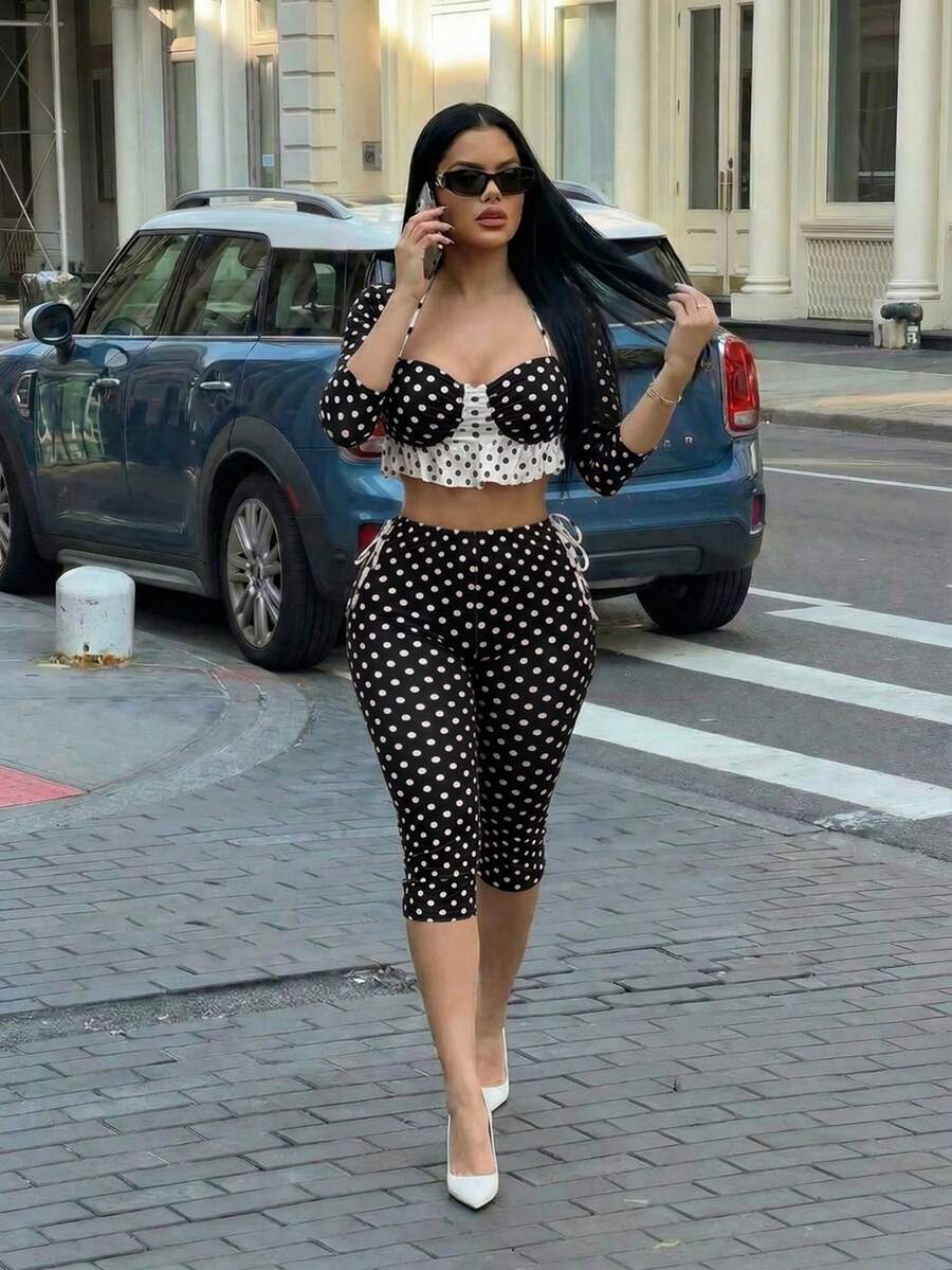 SHEIN SXY 情人节红色波点性感荷叶边七分裤套装 - 黑色 - 查看 1