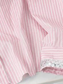 GlowEve CURVE Plus Size Women's Round Neck Striped Beaded Patchwork Shirt, Suitable For Outing, Commuting, Casual Wear - Pink - View 5