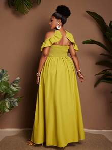 Maweii 大码纯色荷叶边露肩连衣裙 - 芥末黃 - 查看 6