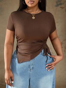 Truni Áo thun ngắn màu nâu xếp ly bất đối xứng cỡ lớn cơ bản dành cho nữ - màu nâu - Xem 4