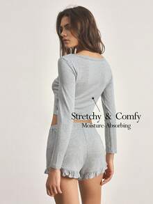 Ocili Women's Comfortable Solid Color Long Sleeve Top And Frill Trim Shorts Pajama Set, Summer - Grey - View 2
