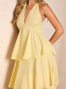 Enchnt Vestido de mujer con cuello en V, estilo halter, lazo y dobladillo con volantes, para vacaciones - Amarillo - Ver 3