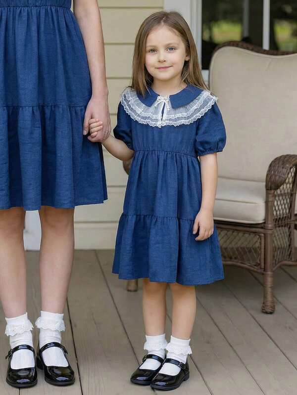 PrepCrw 1pc Young Girls' Elegant Lace Collar Petal Sleeve Navy Blue Dress, Suitable For Casual, Outings, Gatherings, Festivals, Spring And Summer