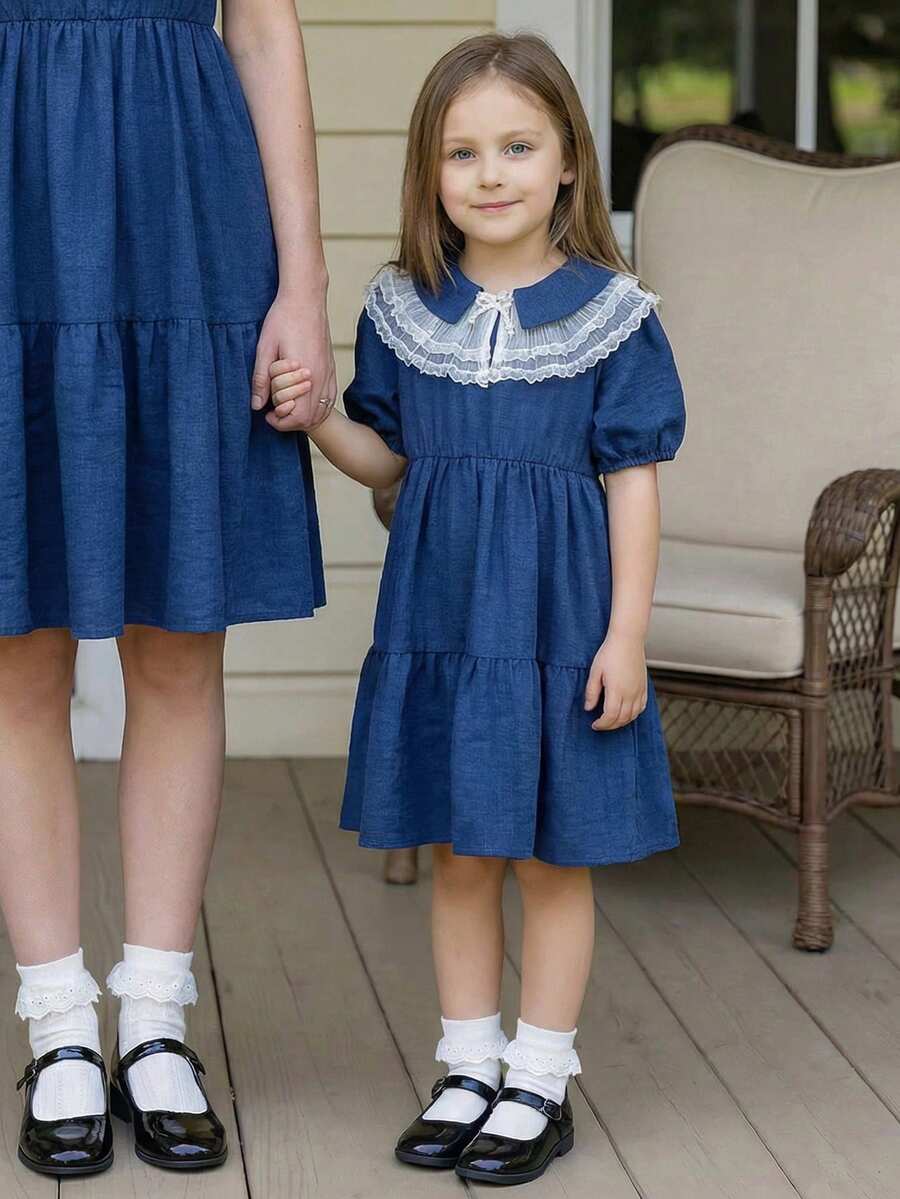 PrepCrw 1pc Young Girls' Elegant Lace Collar Petal Sleeve Navy Blue Dress, Suitable For Casual, Outings, Gatherings, Festivals, Spring And Summer - Navy Blue - View 1
