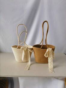 1个装草编水桶包 女士夏季大容量手工藤编单肩手提包 适合海滩度假 波西米亚风手提包 节日约会 休闲时尚 - 多色 - 查看 5