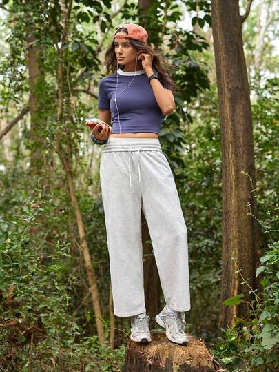 Exploreva Quần nữ màu trơn, cạp chun, kiểu dáng thường ngày đa năng, có dây rút, thích hợp mặc hàng ngày và chơi thể thao ngoài trời.