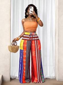 SHEIN BamGlam Pantalones rectos con estampado de rayas de colores para mujer, perfectos para vacaciones en la playa - Verde Oliva - Ver 3