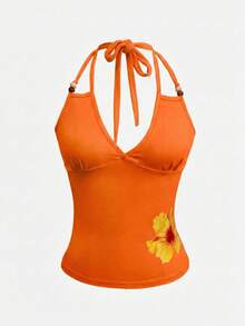 INAWLY Top ajustado con cuello de halter estampado con flores tropicales y cuentas - Naranja - Ver 4