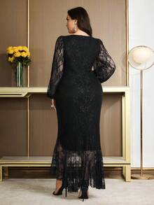 Modelyn Vestido elegante de manga larga con cuello de corazón, ajustado, con volantes en el bajo, de unicolor, talla grande - Negro - Ver 2