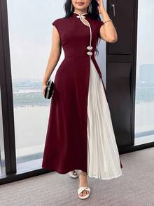 Feyla Women's Contrast Color Cheongsam Collar Dress - Burgundy - View 5
