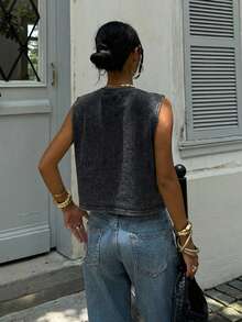 Siren Gaze 62%棉雪花印花无袖圆领露脐背心，女士休闲夏季服饰 - 黑色 - 查看 2