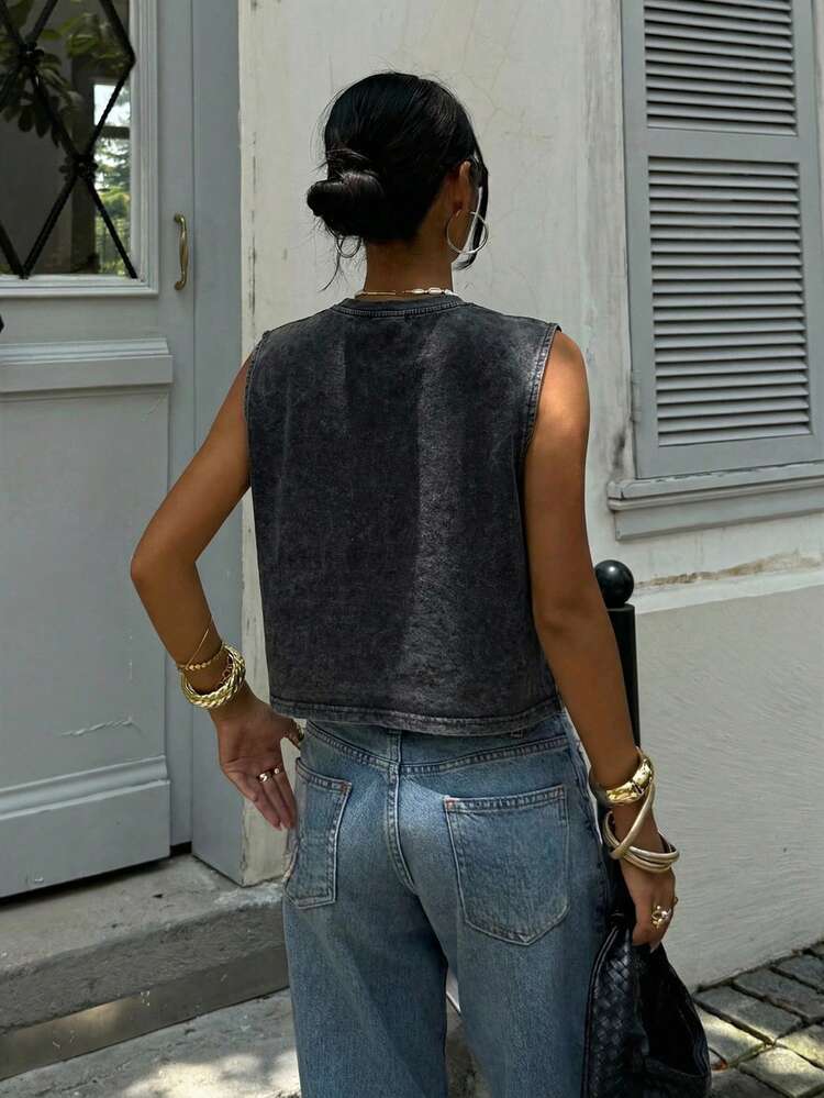 Siren Gaze Top corto sin mangas con cuello redondo y estampado de copos de nieve, 62% algodón, uso casual de verano para mujeres - Negro - Añade 2