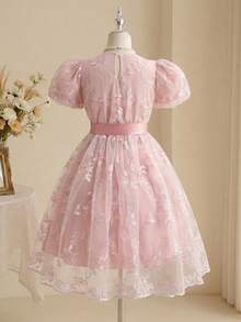 女童刺绣网纱花瓣袖蝴蝶结薄纱公主裙，优雅婚礼花童伴娘假日礼服 - 粉色 - 查看 2