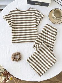 SHEIN 少女休闲条纹T恤和裤子套装，夏季 - 卡其色 - 查看 4