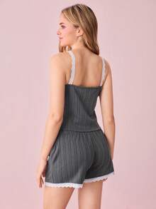 SHEIN Bộ đồ ngủ bằng vải dệt kim có viền ren viền nơ trang trí dành cho nữ - Màu Xám nhạt - Xem 2