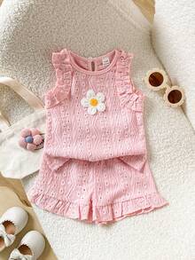 SHEIN Playful Pals Baby Girls' Cute Jacquard Camisole And Jacquard Shorts Set, Spring/Summer - Pink - View 1