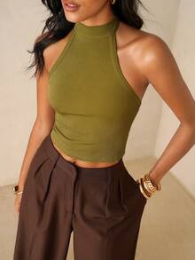SHEIN Glamour Y2K Sexy Backless Halter Neck Camisole For Women, Summer Vacation Street Style High Neck Top Khaki Top Backless Halter Top Earthy Tops - Green - View 5